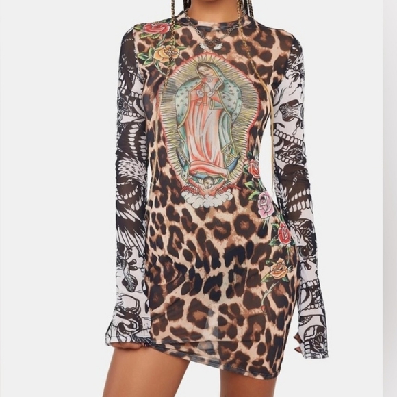 ED HARDY × DOLL KILLS Virgin Mary Mesh Tee Dress, Leopard Print, Size XS - Picture 1 of 10